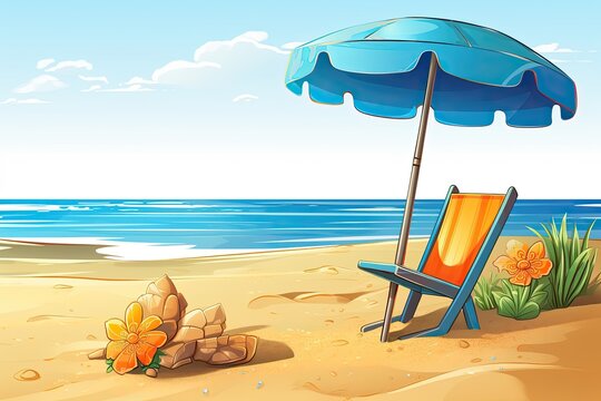 Sunny Beach Clipart with Parasol, Beach Towel, and Bucket and Spade - A Perfect Day at the Beach, generative AI