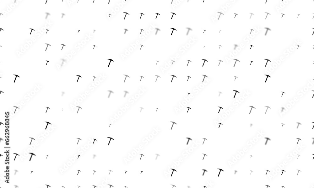 Poster seamless background pattern of evenly spaced black pickaxe symbols of different sizes and opacity. i