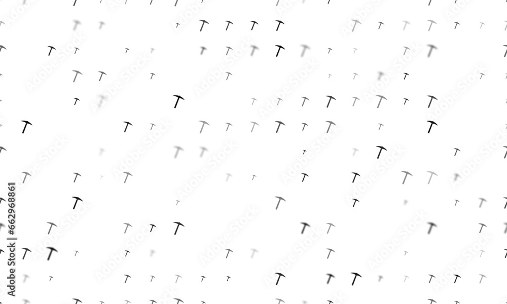 Poster seamless background pattern of evenly spaced black pickaxe symbols of different sizes and opacity. v