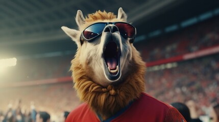 llama football fan in tracksuit emotionally shouts at stadium background, Generative AI