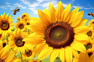 Obraz premium Sunflower Clipart: Stunning Full Bloom with Bees Gathering Nectar, generative AI