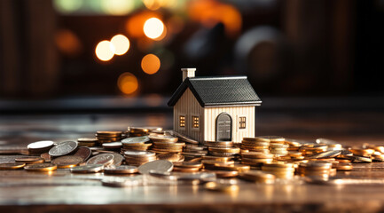 Conceptual image of investing in real estate, purchasing a house or maintaining one: small house model on a pile of money / coins - obrazy, fototapety, plakaty