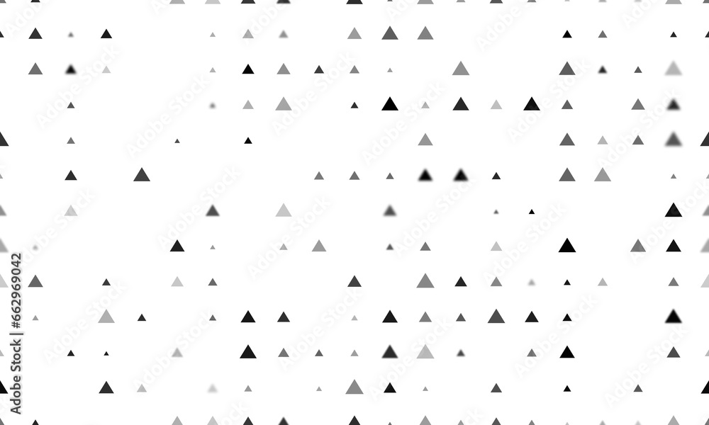 Poster seamless background pattern of evenly spaced black triangle symbols of different sizes and opacity. 