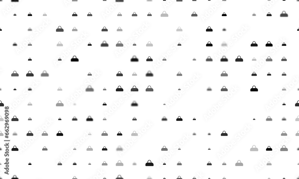 Poster seamless background pattern of evenly spaced black sports bag symbols of different sizes and opacity