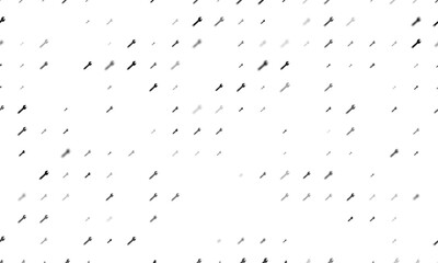 Seamless background pattern of evenly spaced black adjustable wrench symbols of different sizes and opacity. Vector illustration on white background