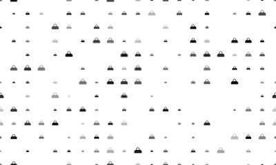 Fototapeta na wymiar Seamless background pattern of evenly spaced black sports bag symbols of different sizes and opacity. Illustration on transparent background