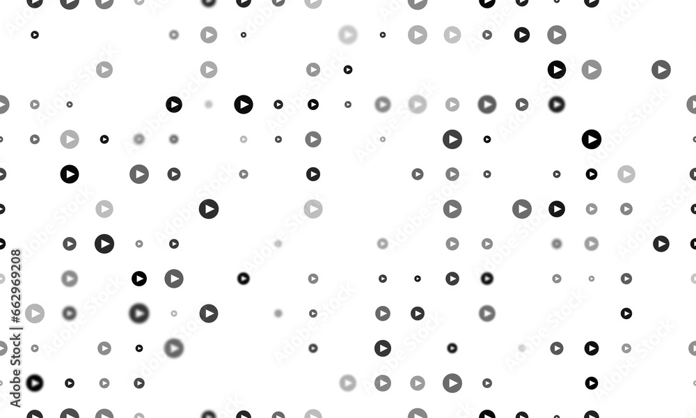 Poster seamless background pattern of evenly spaced black play symbols of different sizes and opacity. illu