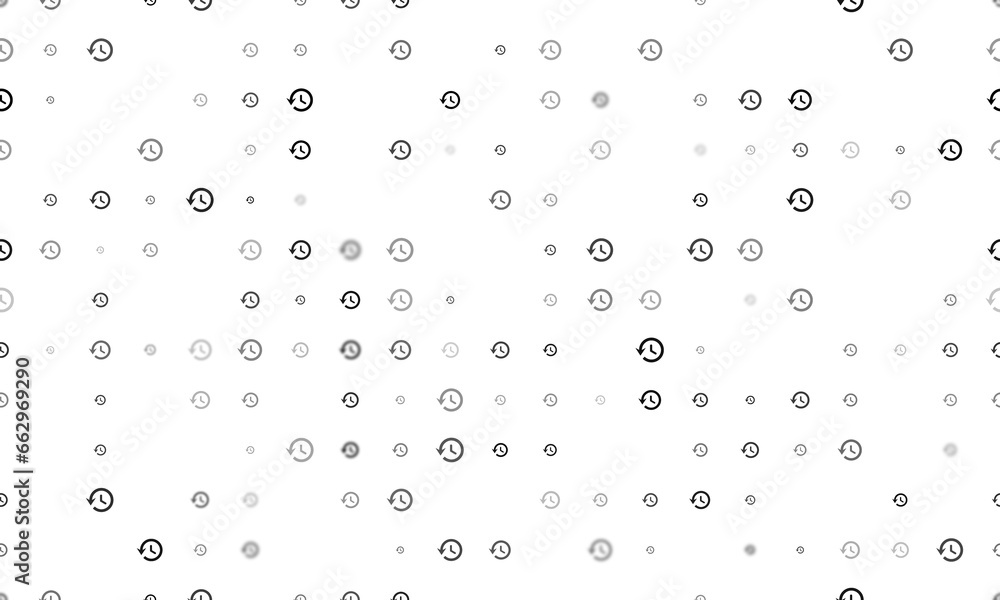 Poster seamless background pattern of evenly spaced black time back symbols of different sizes and opacity.