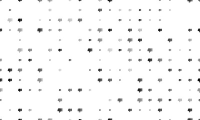 Seamless background pattern of evenly spaced black thumb down symbols of different sizes and opacity. Vector illustration on white background