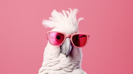 Portrait of funny white cockatoo parrot wearing sunglasses. Domestic pet bird, animal. Solid pink pastel background. Tropical summer vacation concept, web banner. Cute birthday party card, invitation.