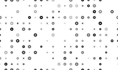 Seamless background pattern of evenly spaced black play symbols of different sizes and opacity. Vector illustration on white background