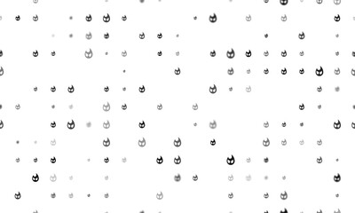 Seamless background pattern of evenly spaced black fire symbols of different sizes and opacity. Vector illustration on white background