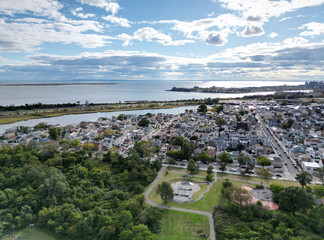 view of jamaica bay from marine park in south brooklyn new york city (sky, clouds, bay, sea, water) drone shot © Yuriy T