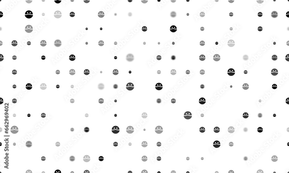 Aufkleber seamless background pattern of evenly spaced black masked face symbols of different sizes and opacit