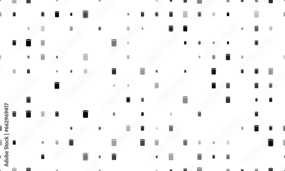 Poster seamless background pattern of evenly spaced black trash symbols of different sizes and opacity. vec