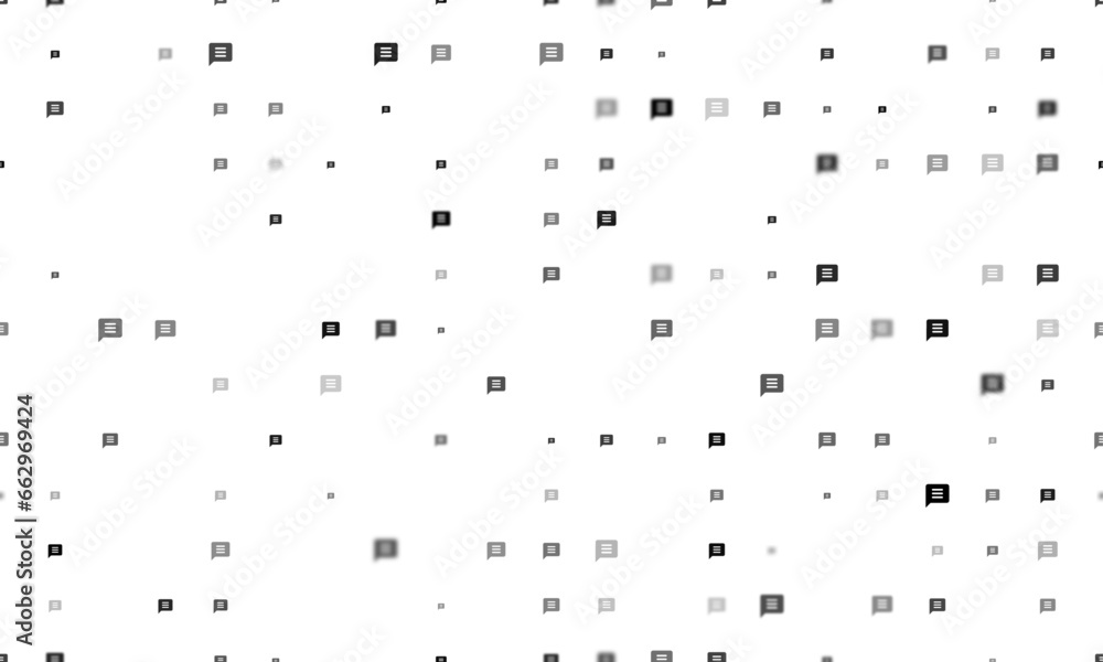 Poster seamless background pattern of evenly spaced black chat symbols of different sizes and opacity. vect