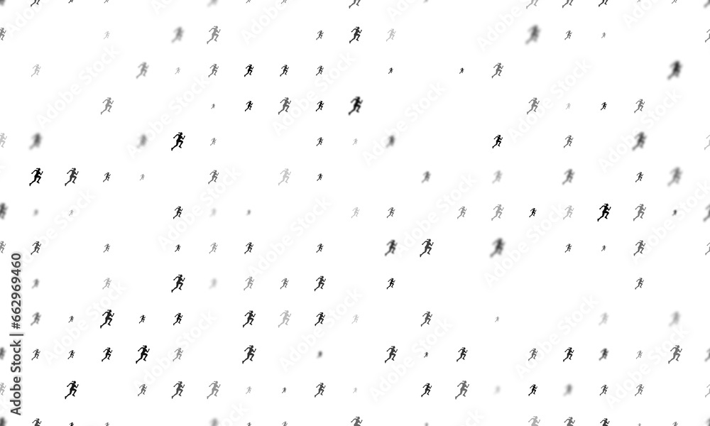 Poster seamless background pattern of evenly spaced black running woman symbols of different sizes and opac