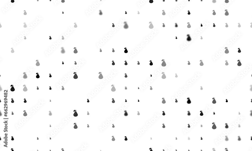 Poster seamless background pattern of evenly spaced black pear symbols of different sizes and opacity. illu