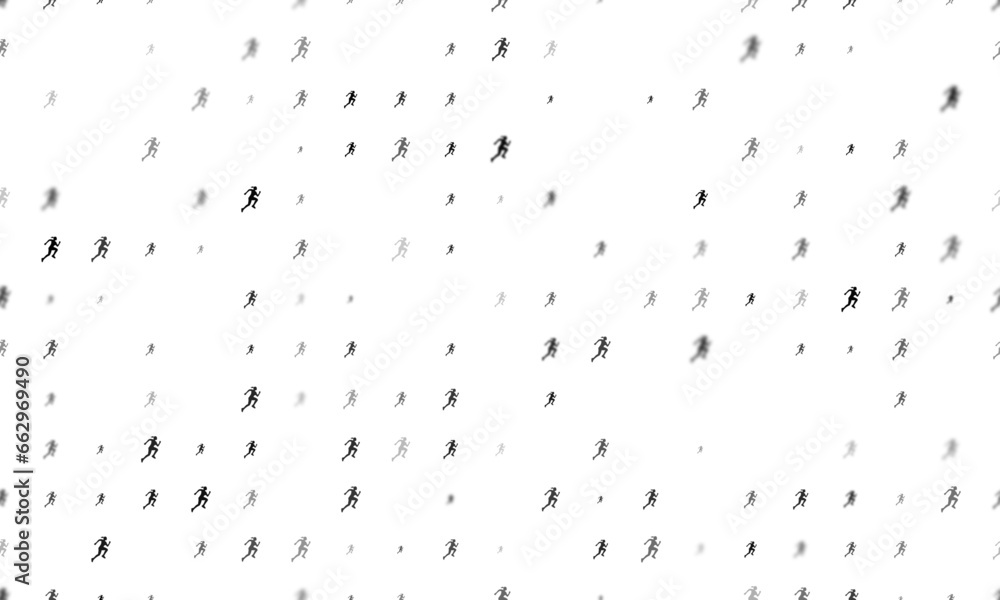 Poster seamless background pattern of evenly spaced black running woman symbols of different sizes and opac