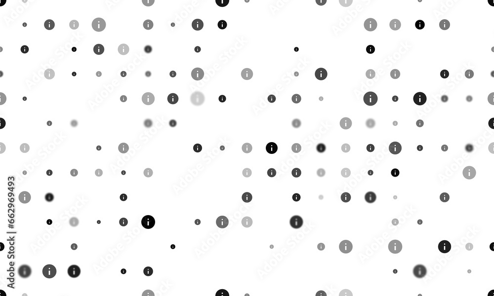 Poster seamless background pattern of evenly spaced black info symbols of different sizes and opacity. illu