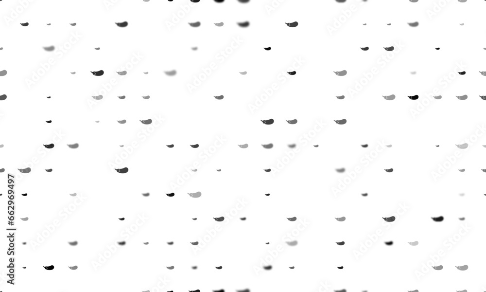 Poster seamless background pattern of evenly spaced black eggplant symbols of different sizes and opacity. 