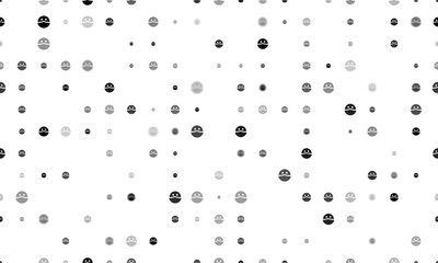 Seamless background pattern of evenly spaced black masked face symbols of different sizes and opacity. Vector illustration on white background