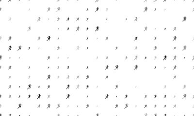 Seamless background pattern of evenly spaced black running woman symbols of different sizes and opacity. Illustration on transparent background