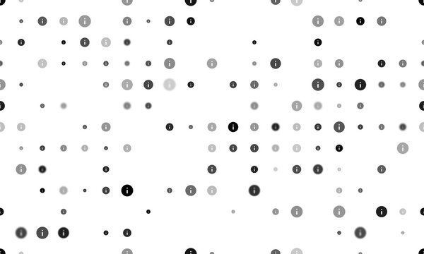 Seamless background pattern of evenly spaced black info symbols of different sizes and opacity. Illustration on transparent background