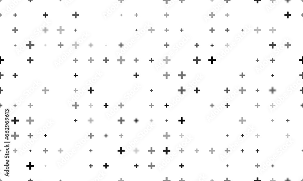 Poster seamless background pattern of evenly spaced black plus symbols of different sizes and opacity. vect