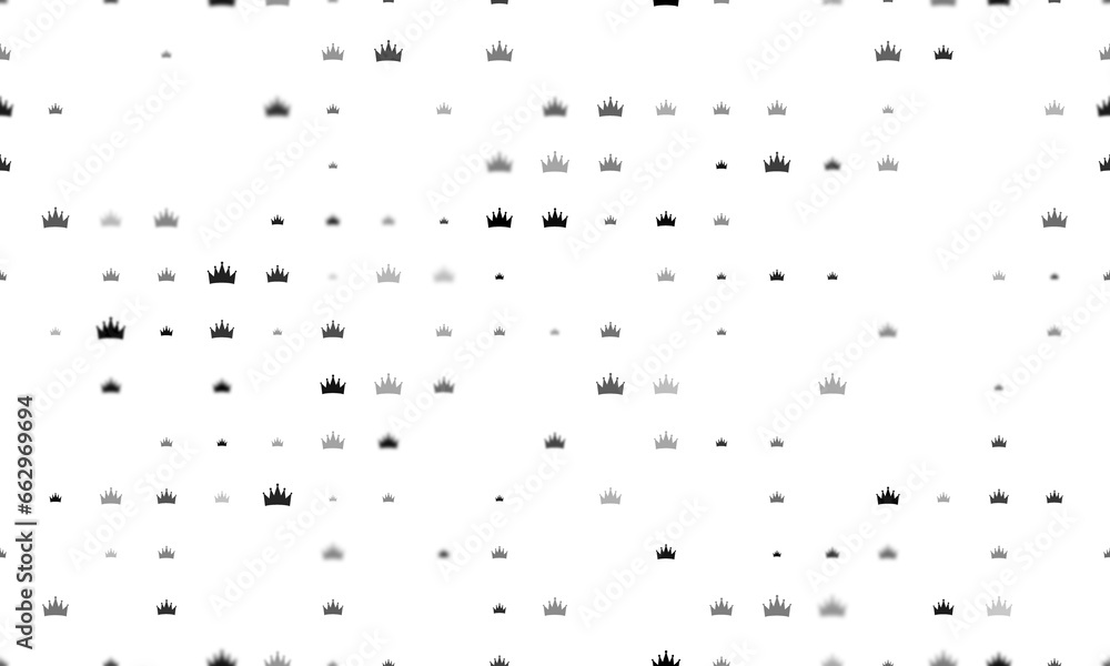 Poster seamless background pattern of evenly spaced black crown symbols of different sizes and opacity. ill