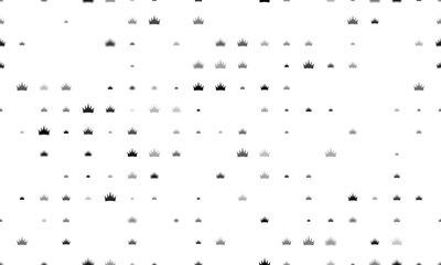 Seamless background pattern of evenly spaced black crown symbols of different sizes and opacity. Illustration on transparent background