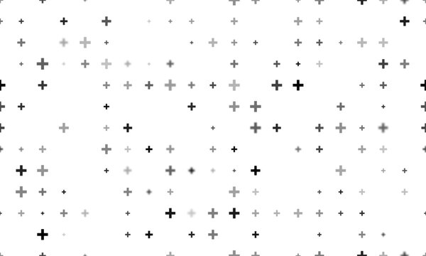 Seamless background pattern of evenly spaced black plus symbols of different sizes and opacity. Vector illustration on white background