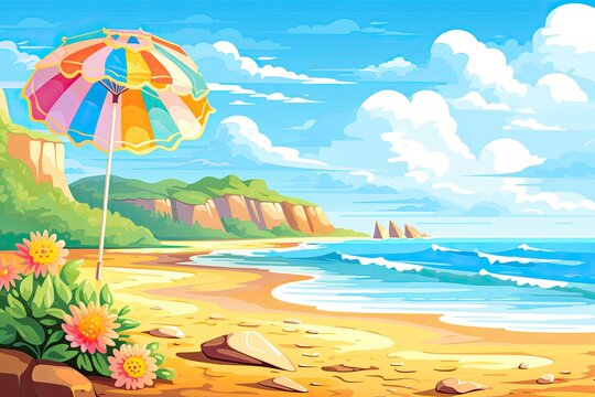 Colorful Parasol, Towel, and Sandcastle: Beach Clipart Illustrating a Picturesque Summer Day by the Serene Sea, generative AI