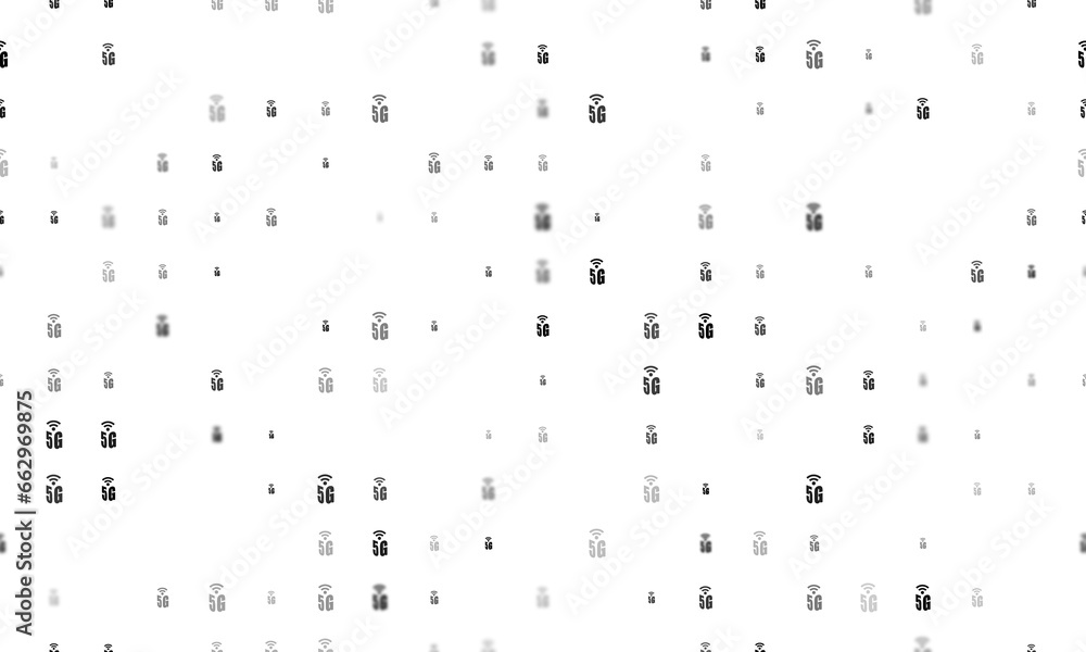 Poster seamless background pattern of evenly spaced black 5g symbols of different sizes and opacity. illust