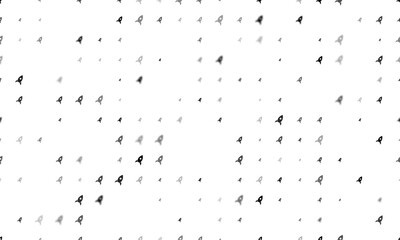 Seamless background pattern of evenly spaced black rocket symbols of different sizes and opacity. Vector illustration on white background