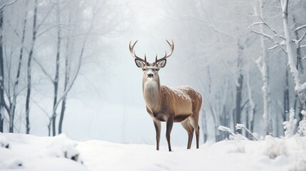 A Siberian deer in a snow-covered landscape, the camera capturing the elegant contrast of its fur against the white backdrop, creating a winter wonderland scene.