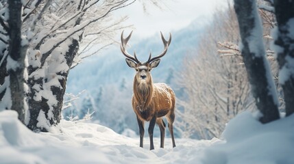 A Siberian deer in a snow-covered landscape, the camera capturing the elegant contrast of its fur against the white backdrop, creating a winter wonderland scene.