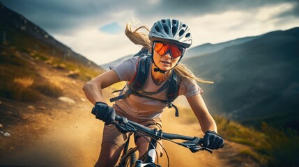 Young woman riding bicycle on mountain trail, cyclist on sports bike - obrazy, fototapety, plakaty