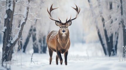 A Siberian deer in a snow-covered landscape, the camera capturing the elegant contrast of its fur against the white backdrop, creating a winter wonderland scene.