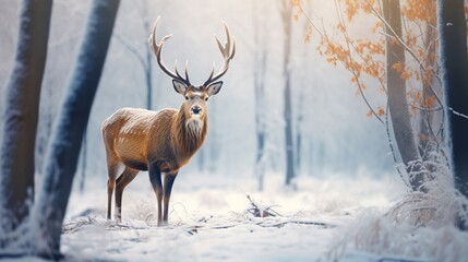 A Siberian deer in a winter landscape, its fur adapted to the snowy environment, creating a serene and picturesque scene captured by the HD camera.