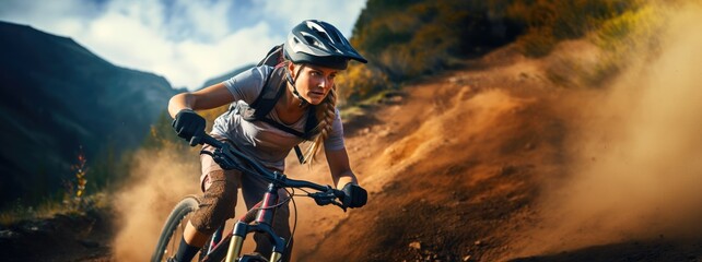 Young woman riding bicycle on mountain trail, cyclist on sports bike