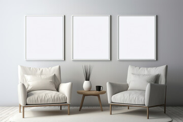 Minimalistic room interior with picture, poster, photo frame mockup on wall in light, neutral colors.  Generative AI