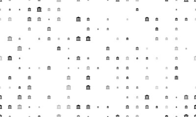 Seamless background pattern of evenly spaced black bank symbols of different sizes and opacity. Illustration on transparent background