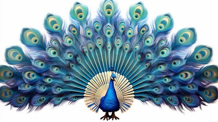 A vibrant blue peacock displaying its iridescent feathers in a stunning fan-like pattern, showcasing the beauty of its intricate plumage. - obrazy, fototapety, plakaty