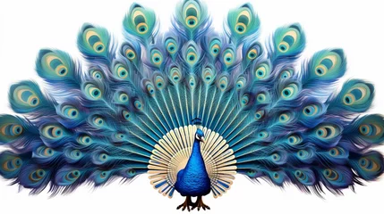  A vibrant blue peacock displaying its iridescent feathers in a stunning fan-like pattern, showcasing the beauty of its intricate plumage. © Nairobi 