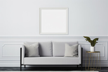 Minimalistic room interior with picture, poster, photo frame mockup on wall in light, neutral colors.  Generative AI