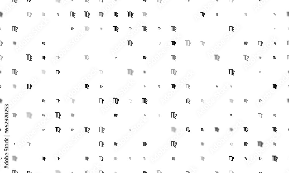 Poster seamless background pattern of evenly spaced black zodiac virgo symbols of different sizes and opaci