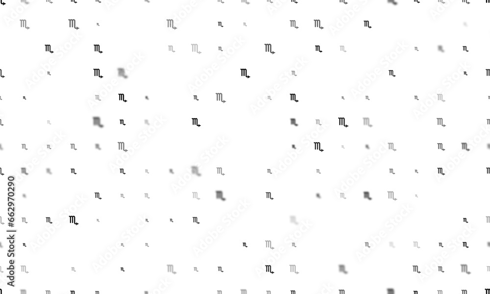 Poster seamless background pattern of evenly spaced black zodiac scorpio symbols of different sizes and opa