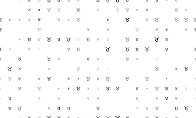 Seamless background pattern of evenly spaced black zodiac taurus symbols of different sizes and opacity. Vector illustration on white background