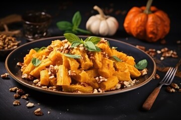 Traditional Italian pumpkin pasta with nuts